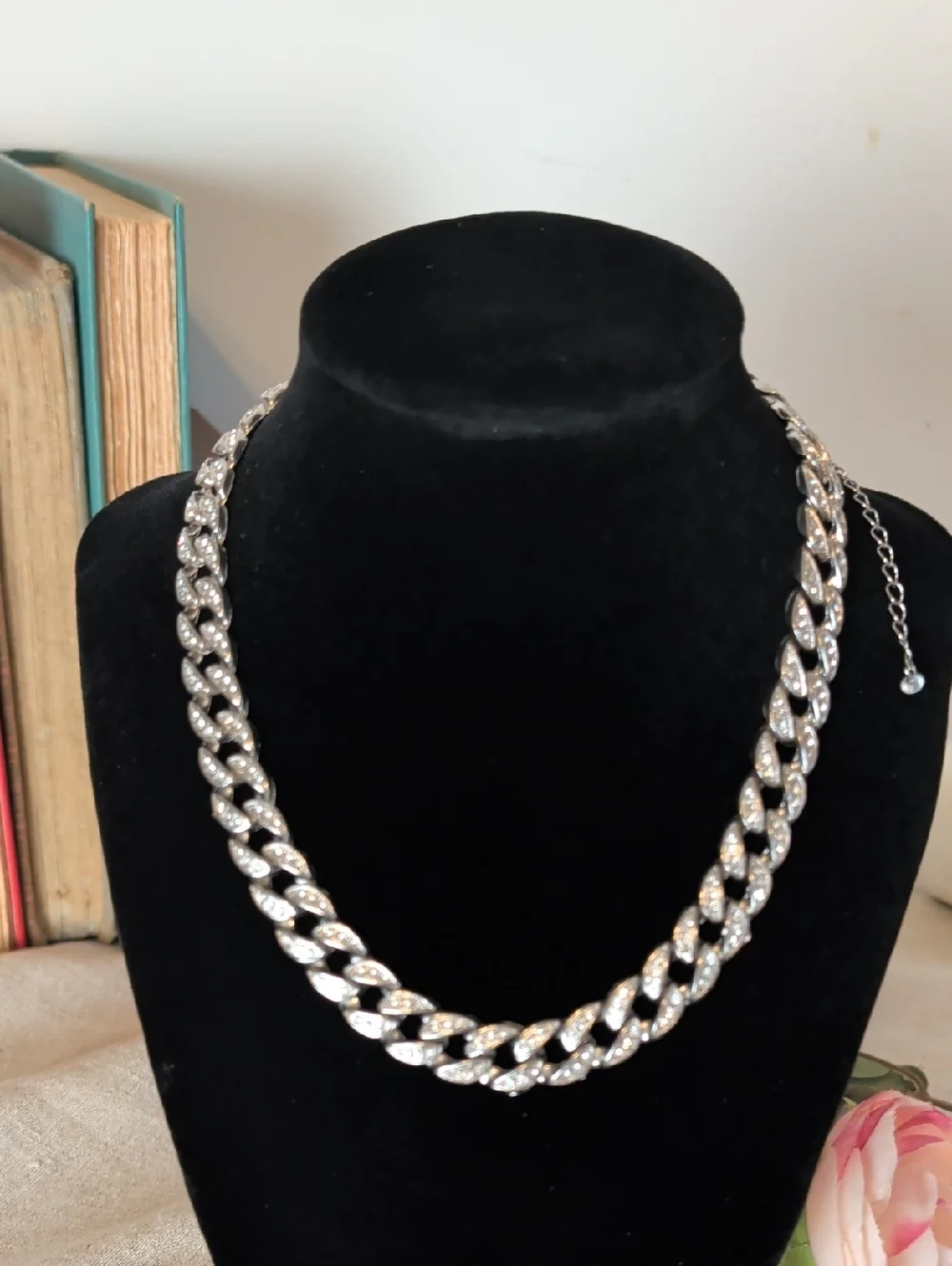 Y2K Rhinestone Cuban Link Necklace Silver Tone Glam Chain Pavé Crystal Detail